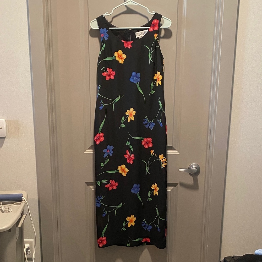 Vintage 90s Floral Maxi Dress Black Minimalist Slip Dress Grunge Fairycore S